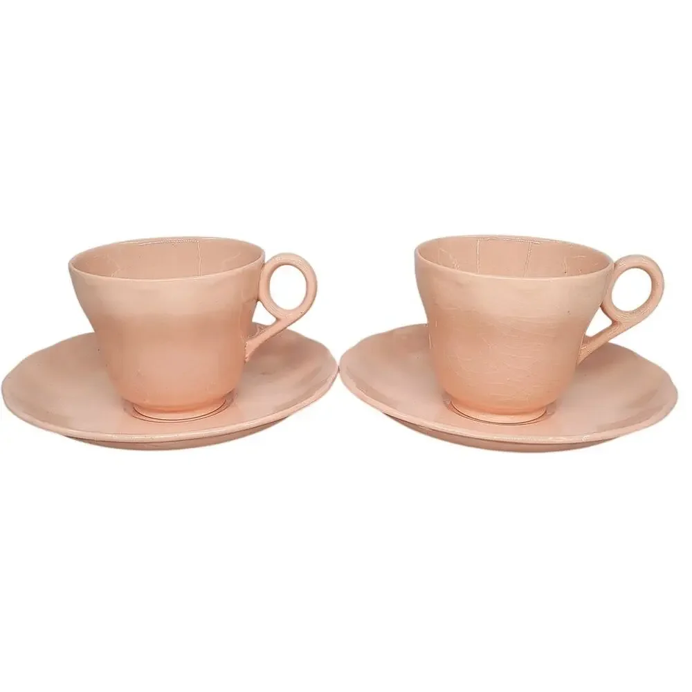 Grindley Peach Petal‎ Pink Teacups Saucers Set of 2 Vintage Wavy Rim China 2-5